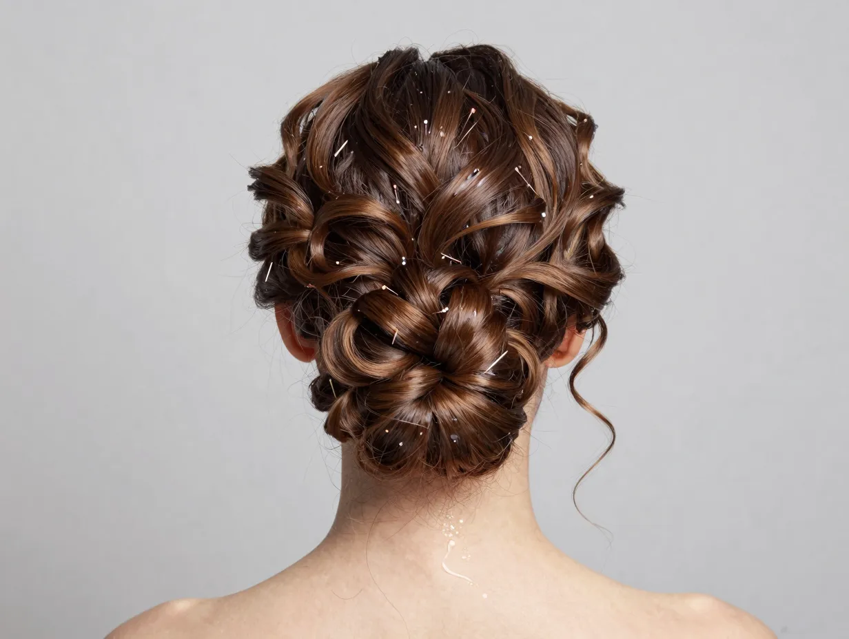Loose bun with defined face framing curls and gel
