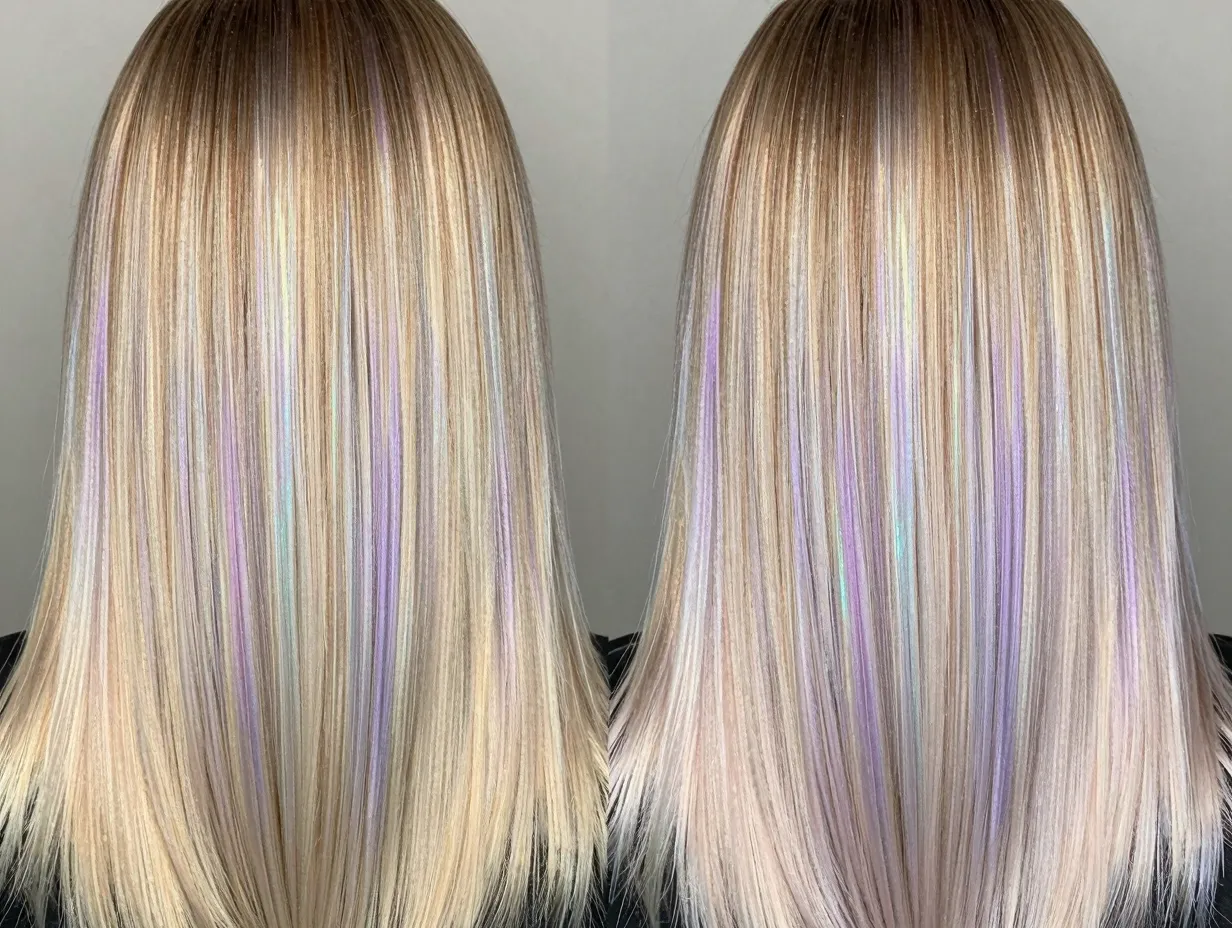 Pearlescent balayage iridescent shifting toner on straight lifted hair