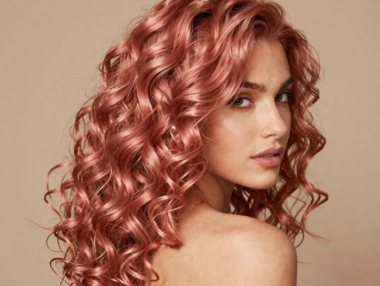 Rose gold warm copper pink blend on romantic curly hair