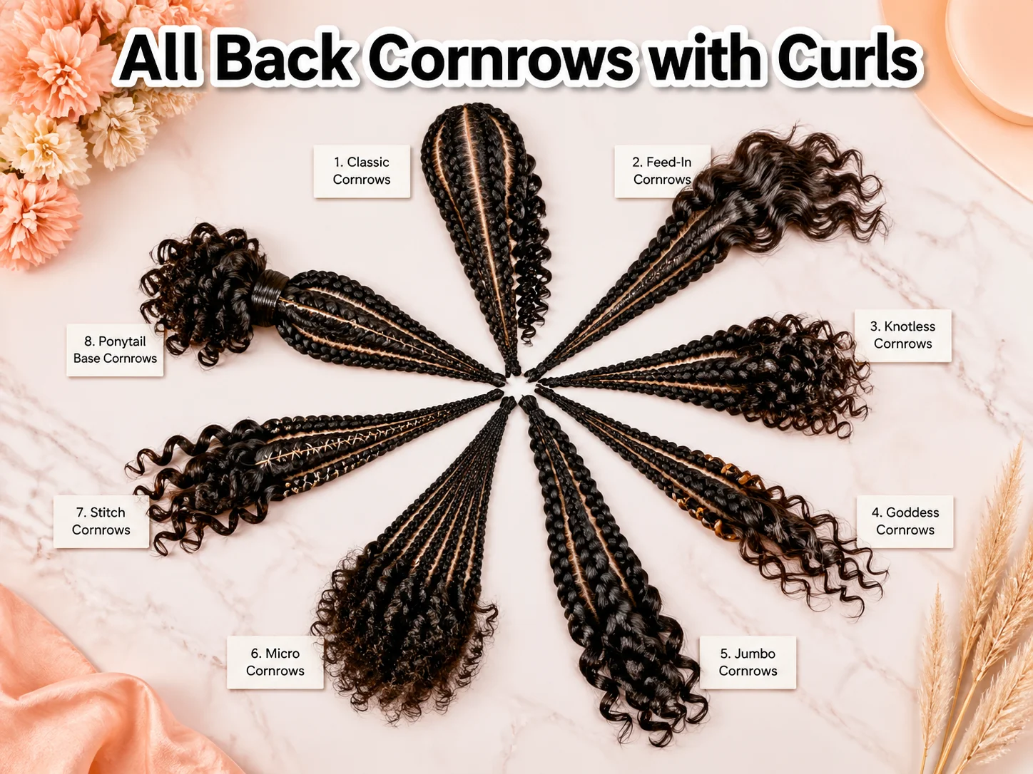 Eight cornrow varieties sunburst display textured curls guide