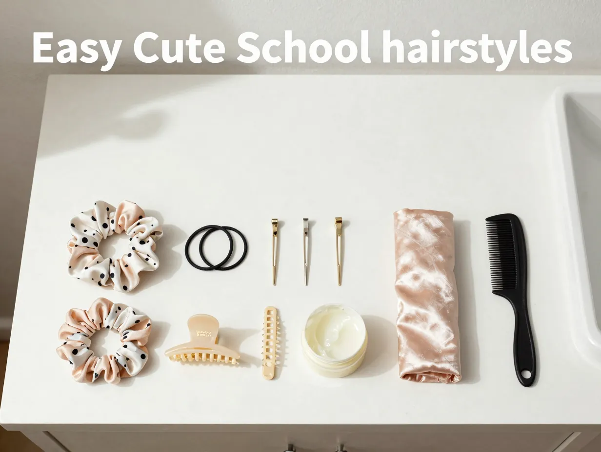 Scrunchie hair ties bobby pins silk fabric styling paste minimalist flatlay