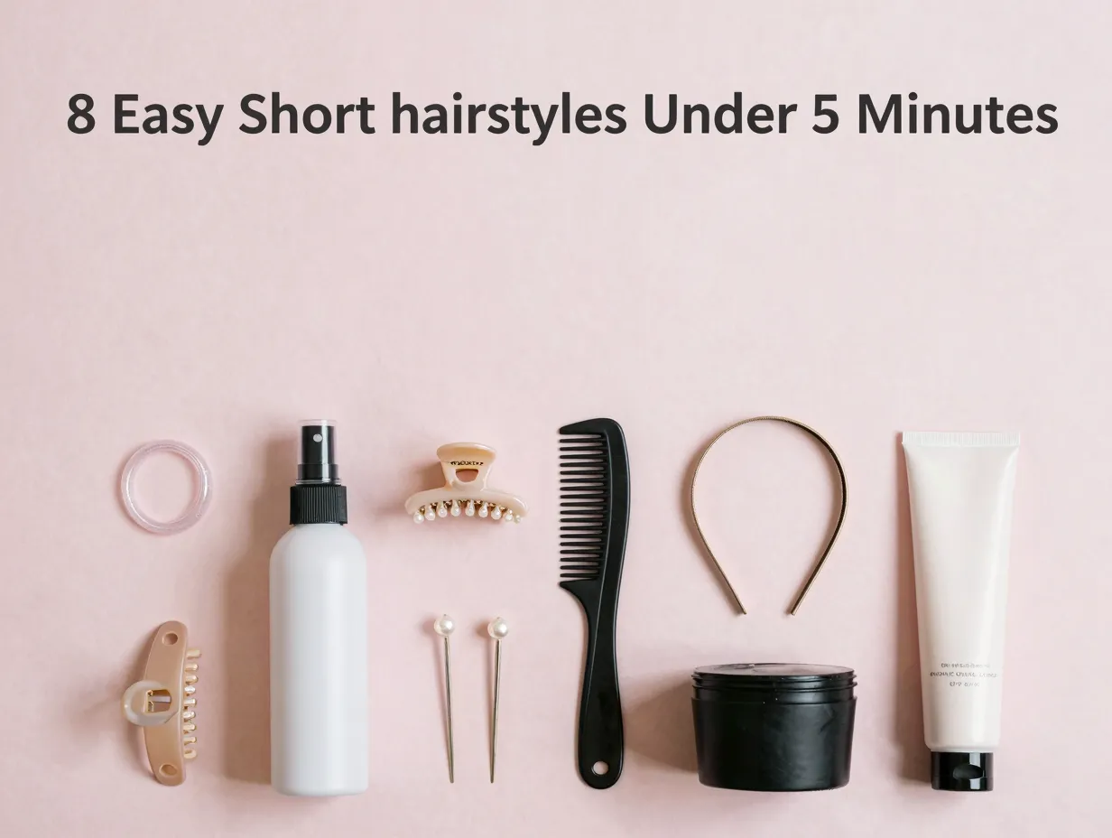 Short hair tools accessories clear elastic claw clip pearl pins flat lay