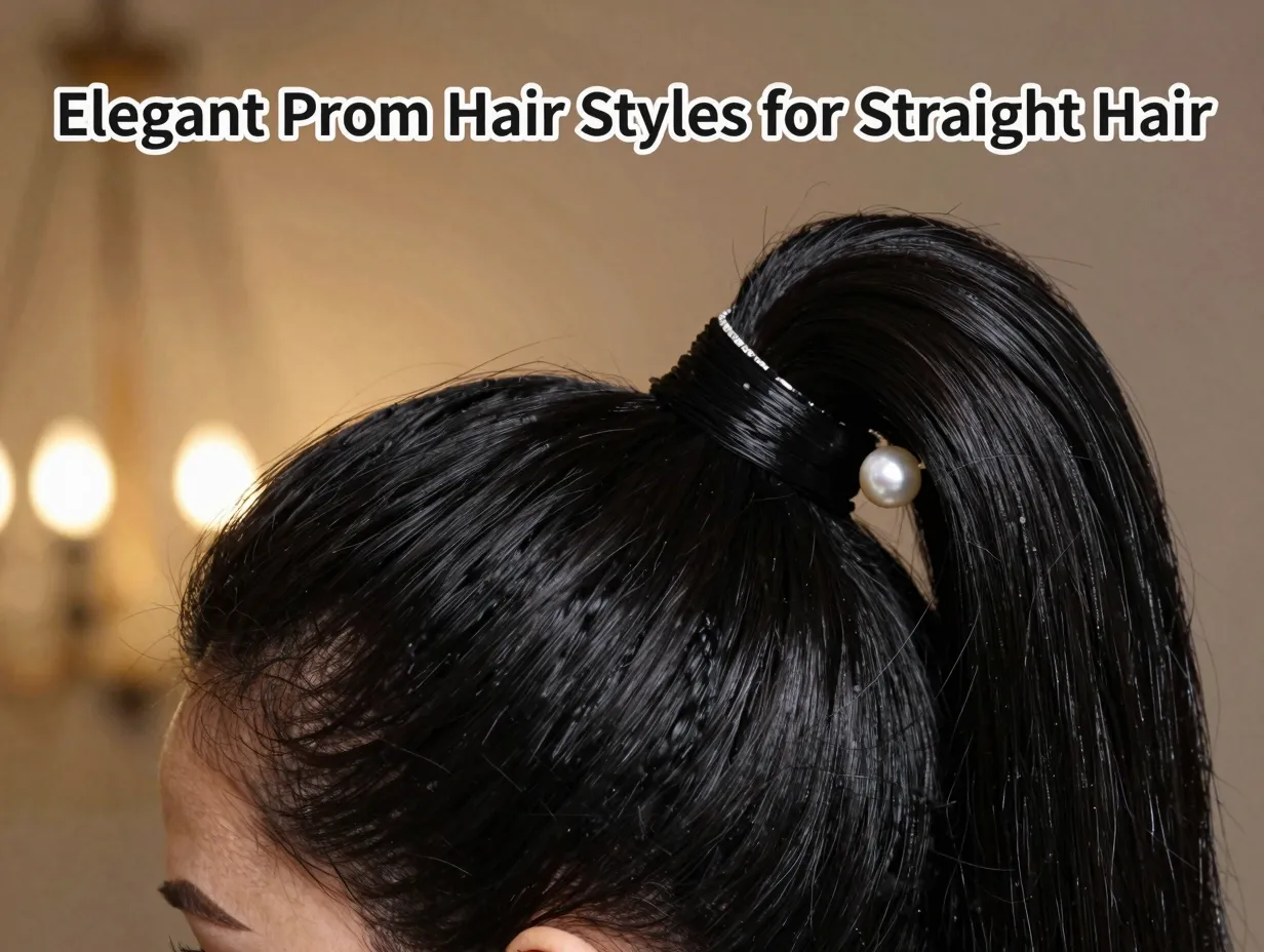 Sleek black ponytail pearl pin prom hair glam detail