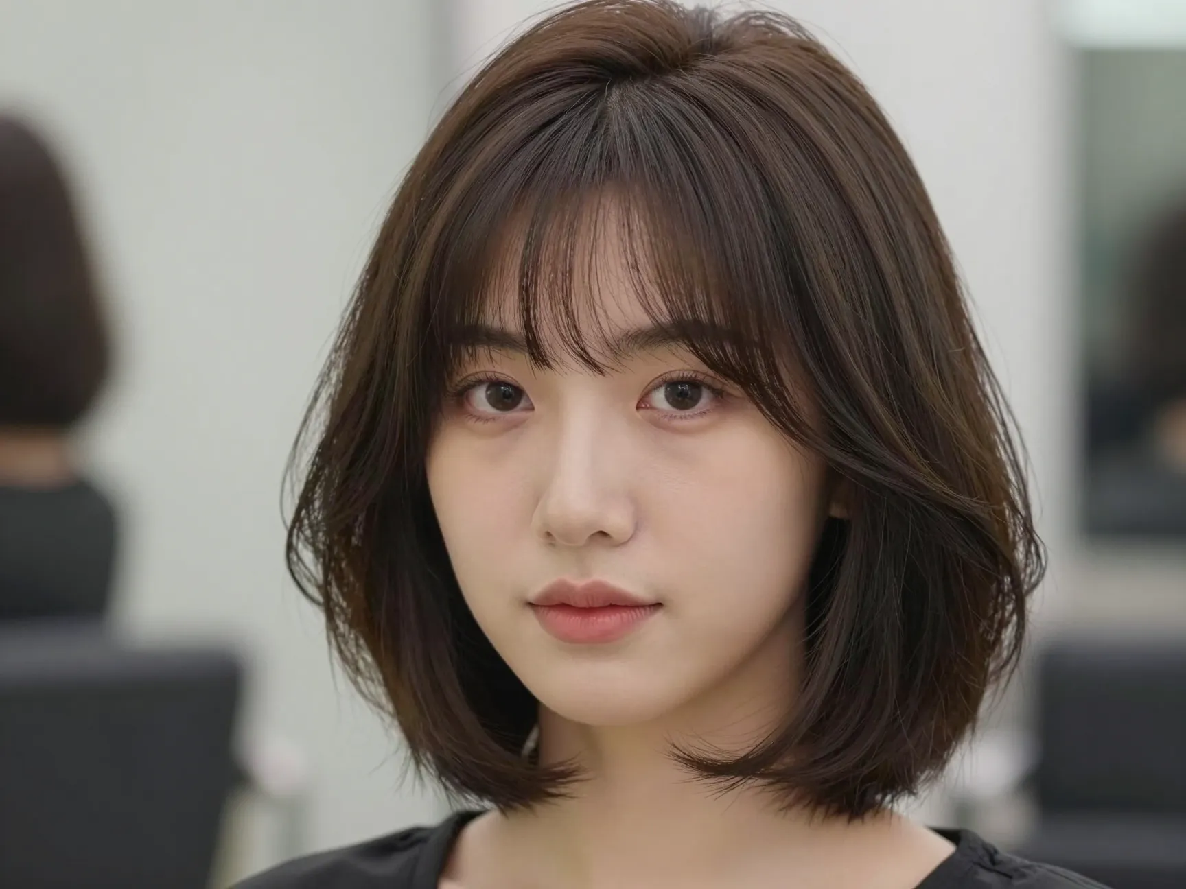 Classic chin length butterfly bob with soft curtain bangs on oval face