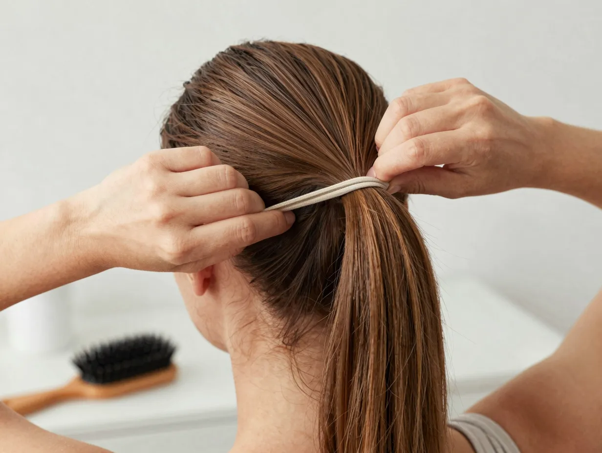 Classic high ponytail hands securing hair with elastic