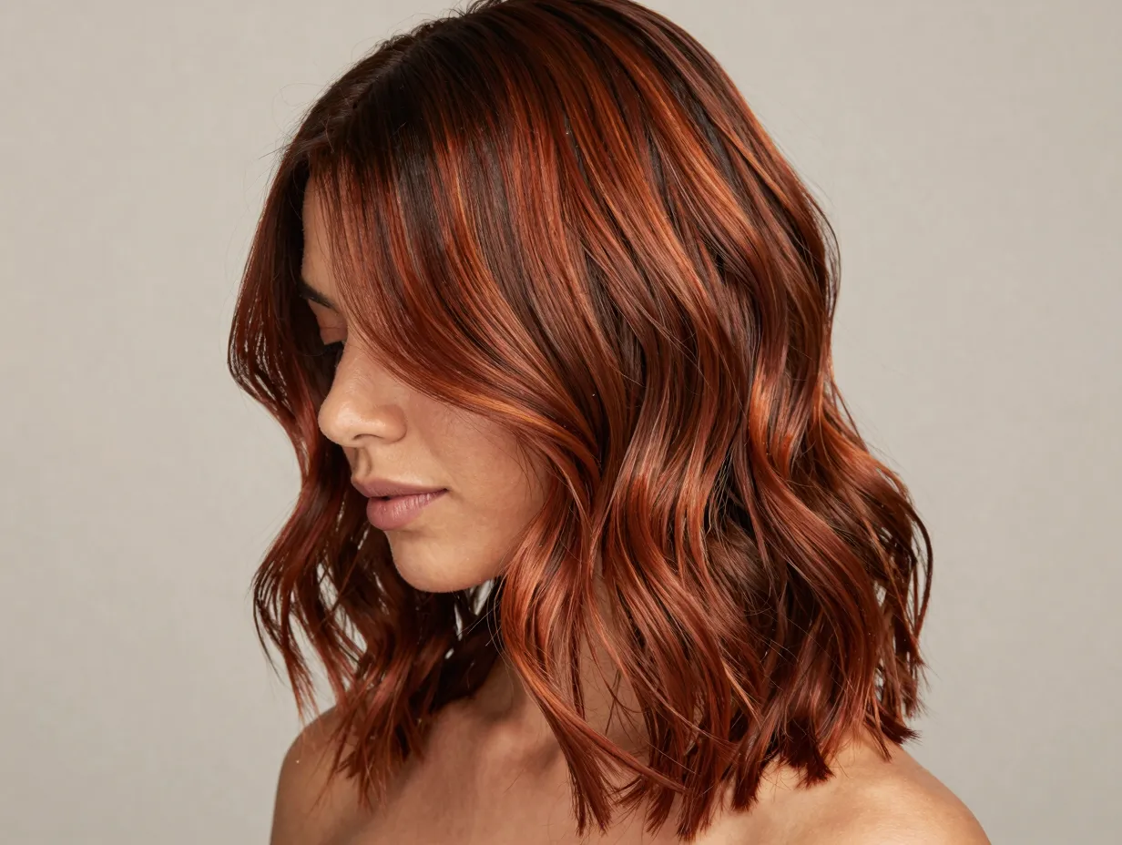 Fiery copper ginger brunette balyage on warm toned woman indoors
