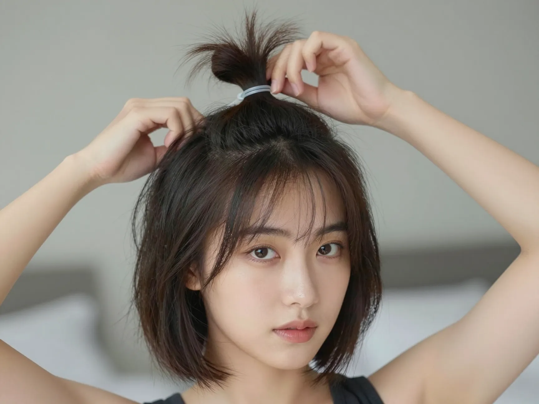 Half up top knot short bob clear elastic loose strands