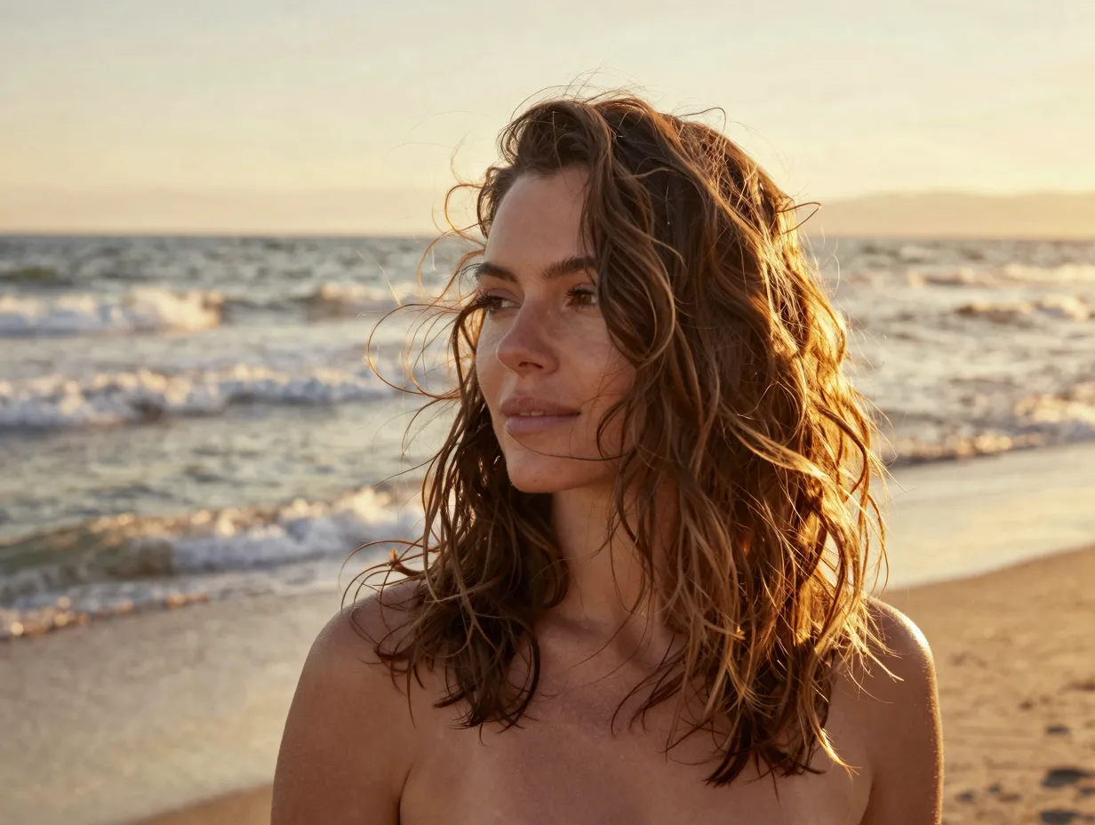 Loose beach waves on woman at golden hour coastal sunset