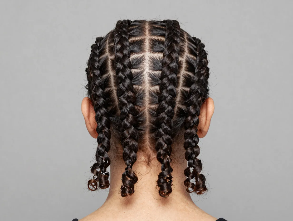 Straight back cornrows with curly ends on oval face portrait