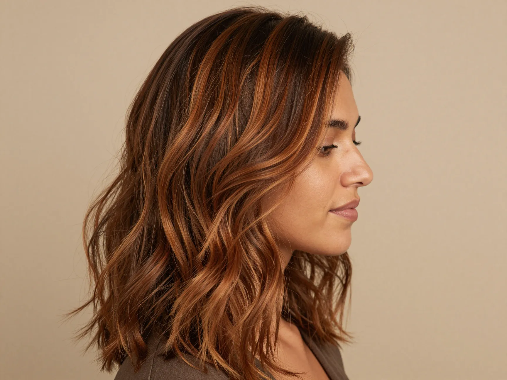 Cinnamon swirl brunette with ginger highlights on brown base