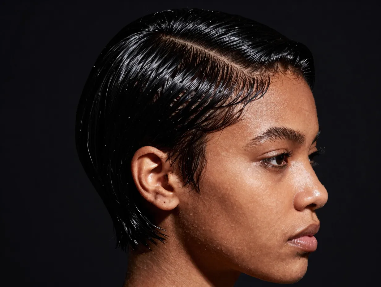 High shine slicked pixie cut on short black natural hair