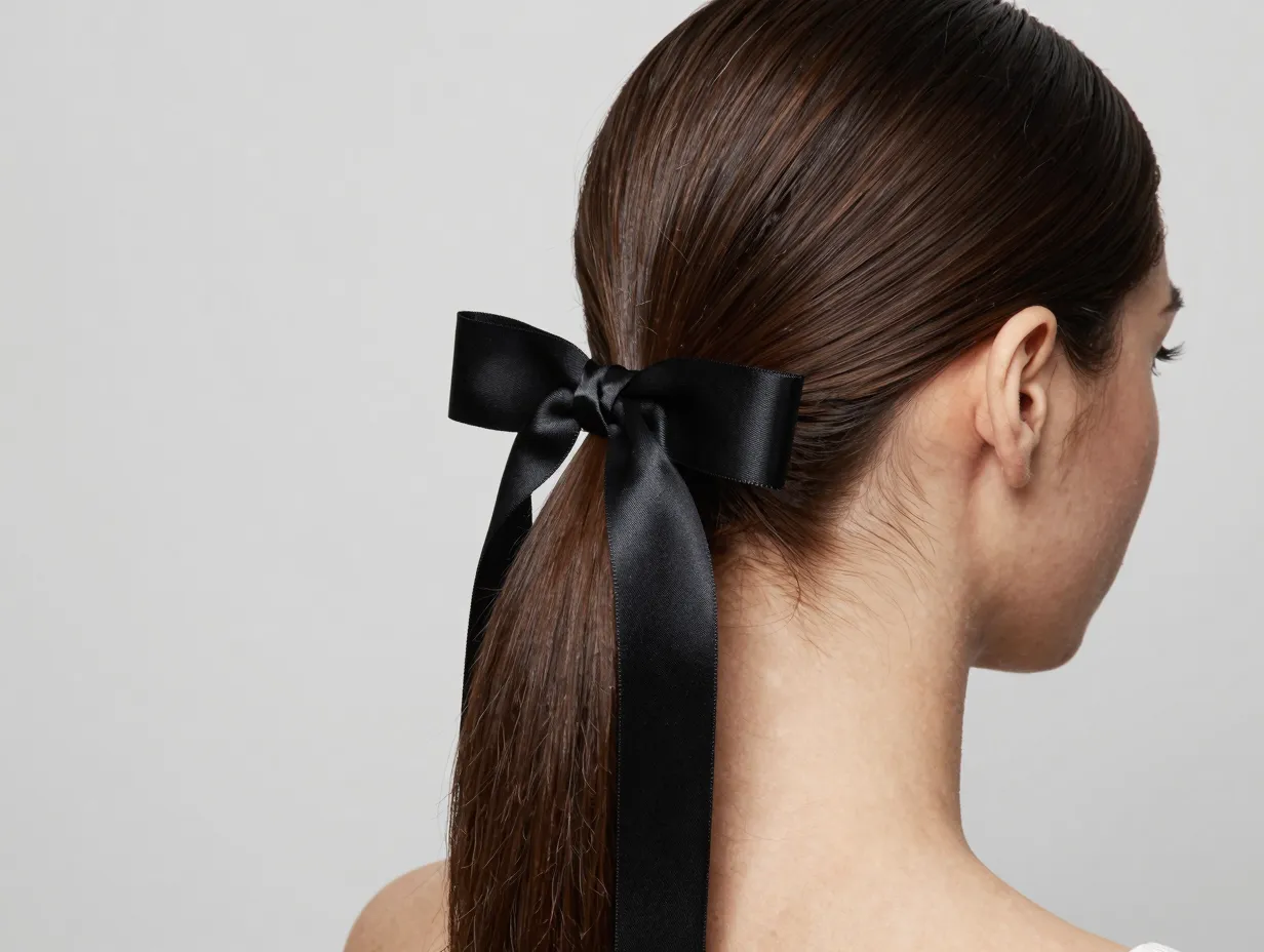 Low sleek ponytail tied with narrow black satin ribbon bow