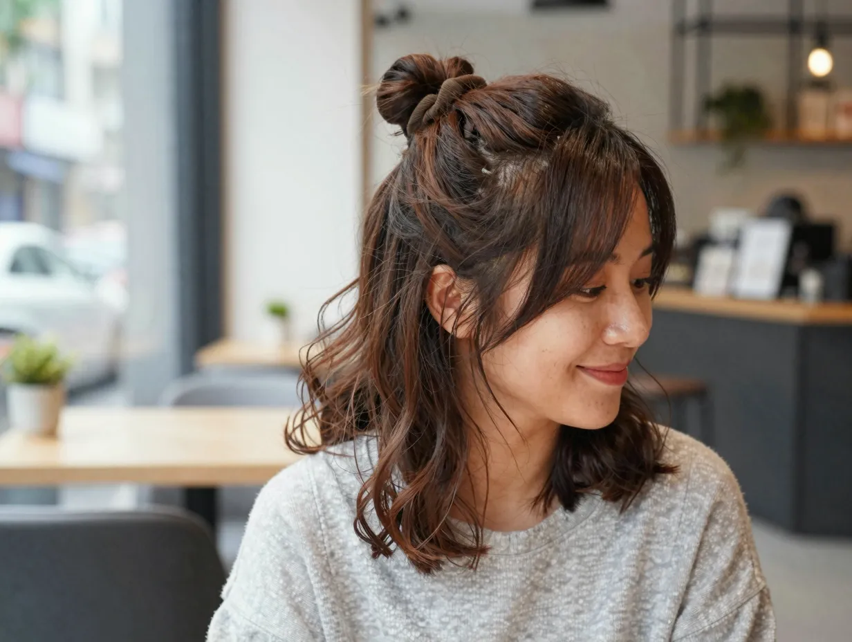 Relaxed half up bun hairstyle on woman in casual urban cafe