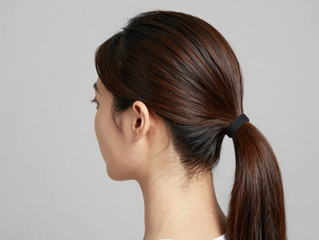 Sleek low ponytail with side part at nape