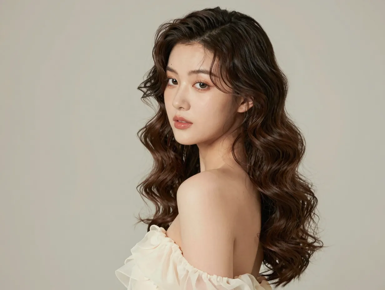 Soft glam waves with face framing strands on romantic dress