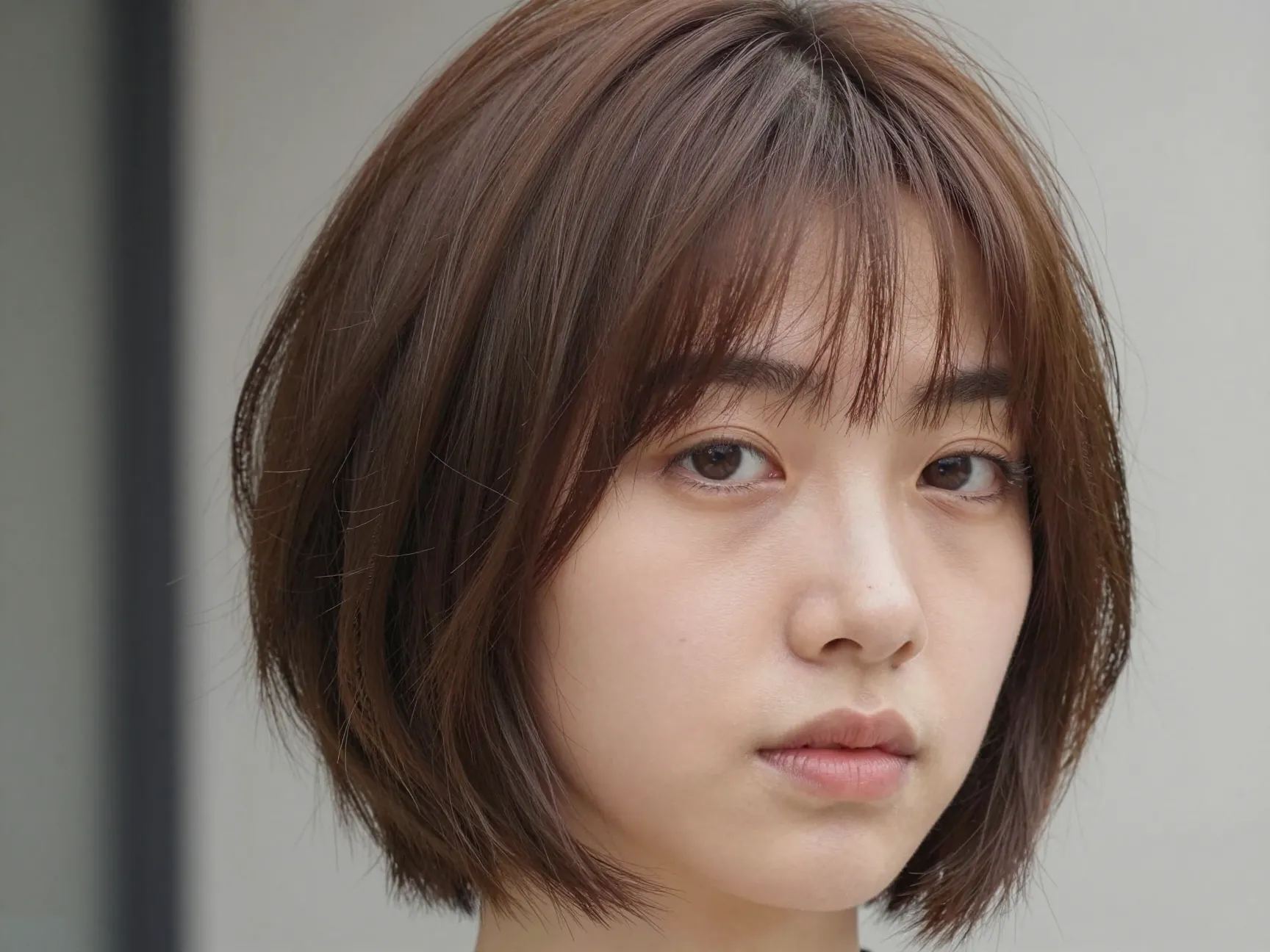 Textured pixie bob butterfly cut with eyebrow grazing wispy bangs