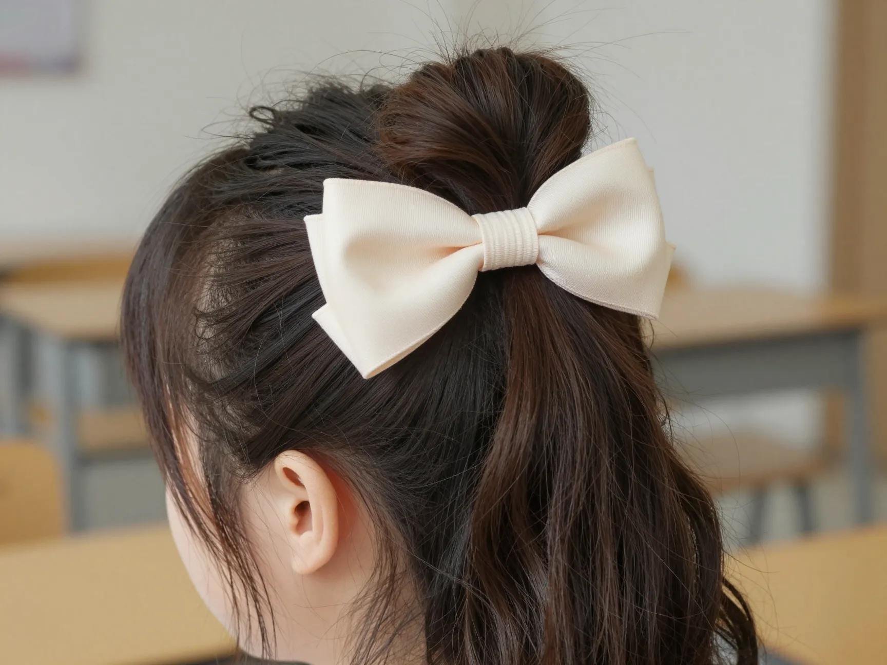 Half up hairstyle with medium grosgrain bow clip at crown
