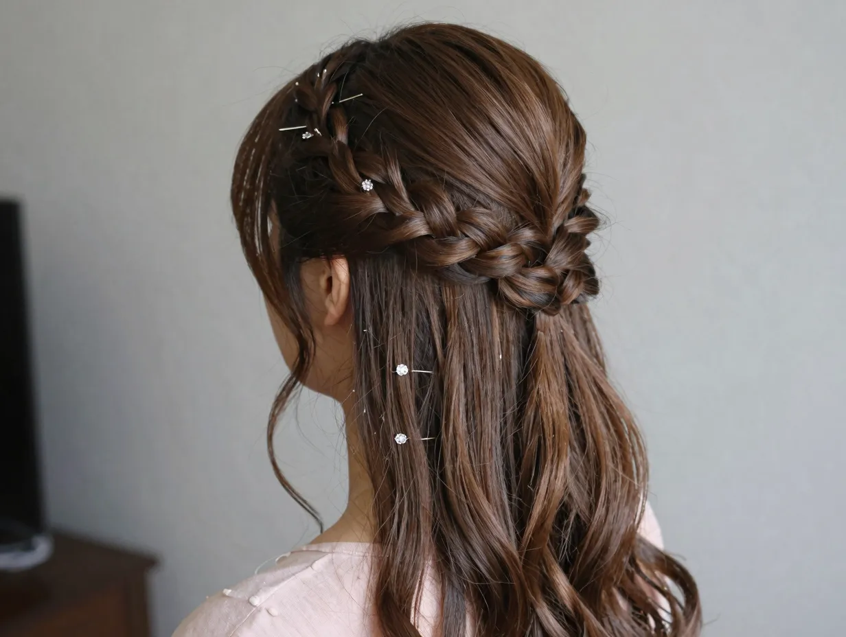 Half up half down hair with braided crown detail
