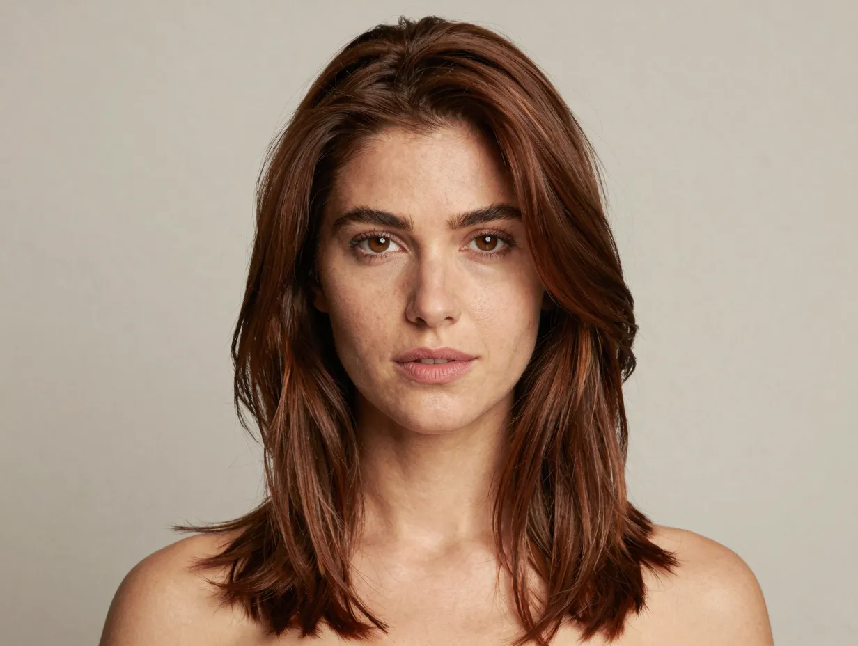 Rustic chestnut multi tonal hair color on woman with fair skin