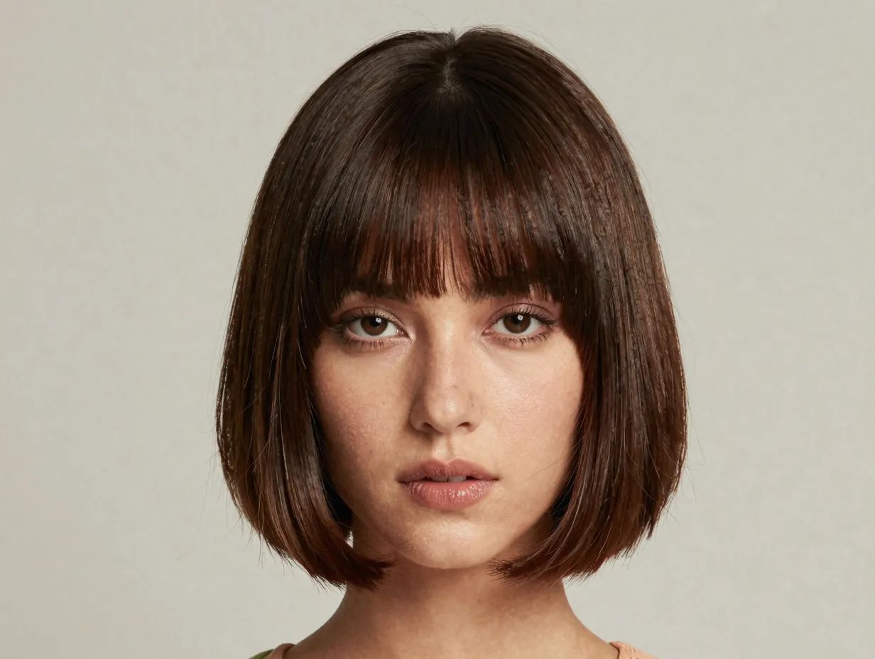 Shaggy feathered bob butterfly cut with straight across textured fringe
