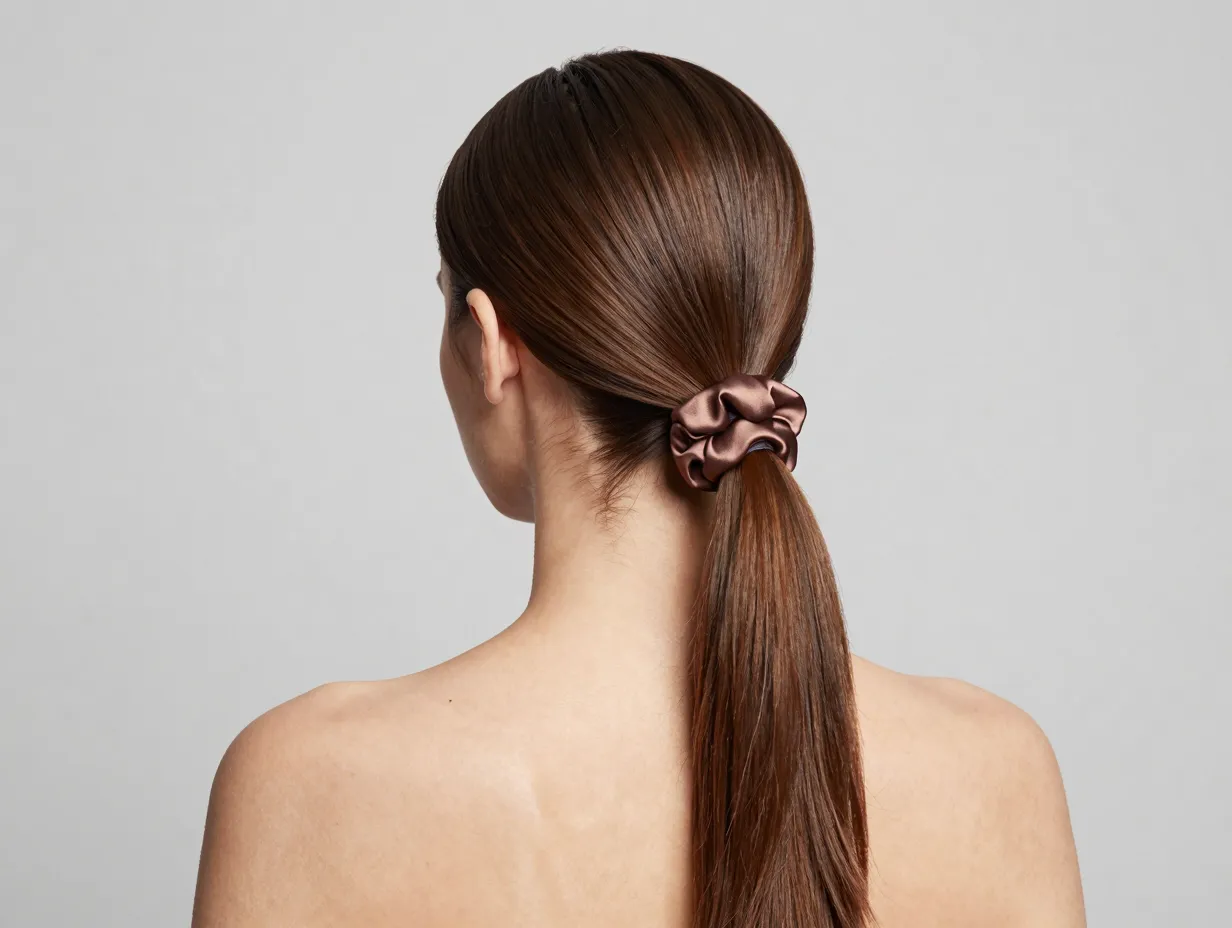 Sleek low ponytail with silk scrunchie on woman in studio