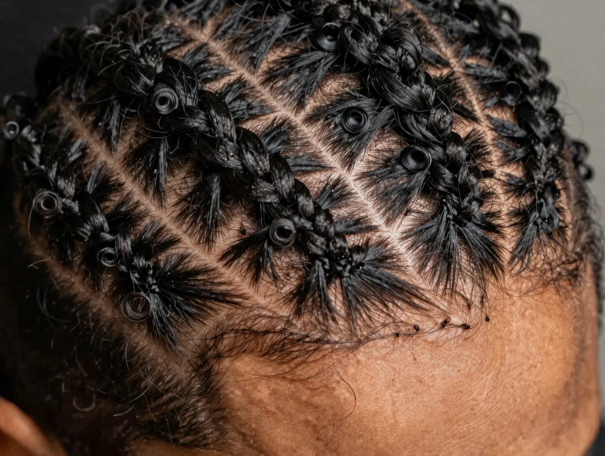 Stitch cornrows geometric pattern with defined coil ends