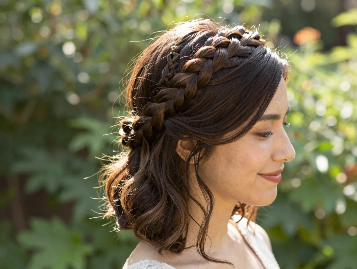 Elegant braided crown updo on woman in a sunlit garden
