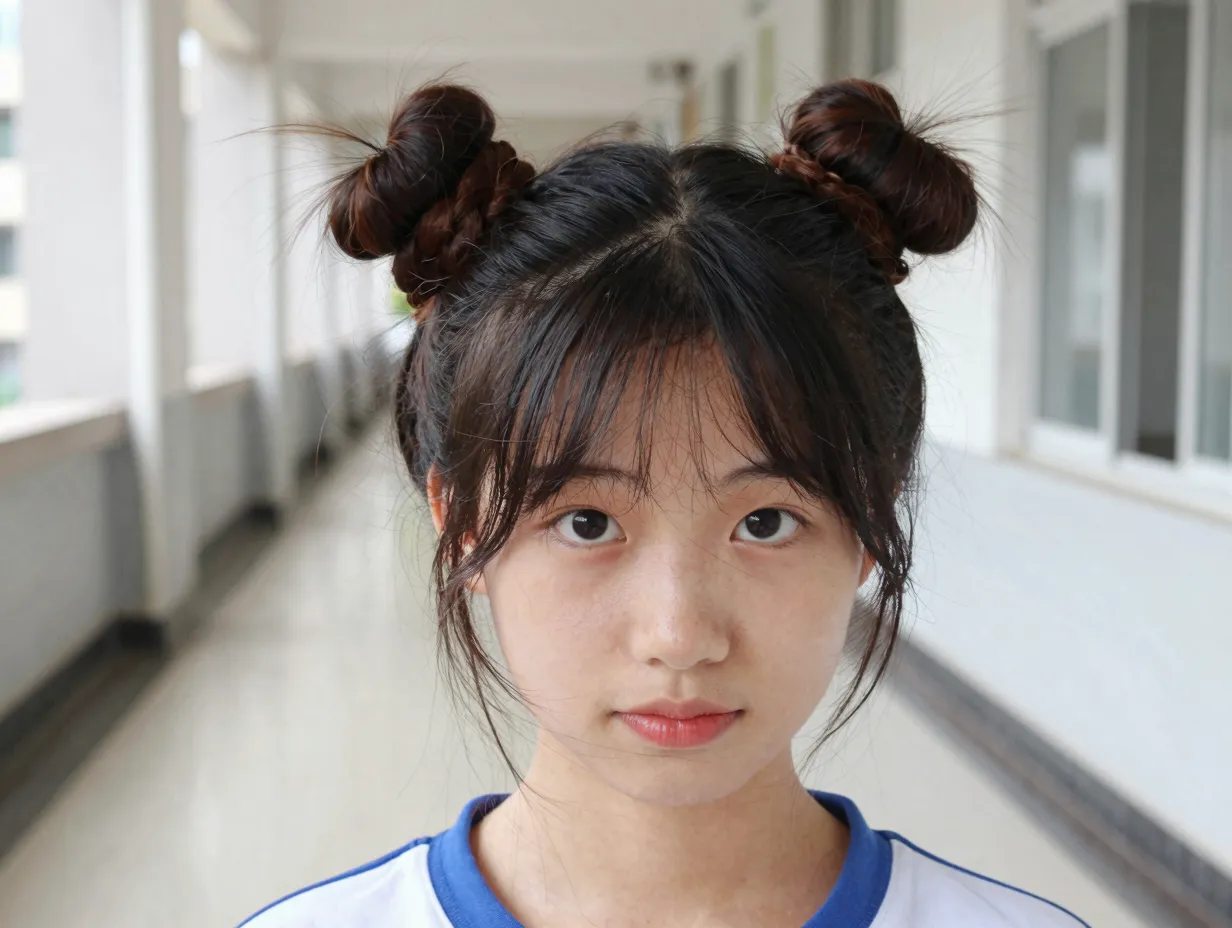 Half up space buns with loose face framing hair strands