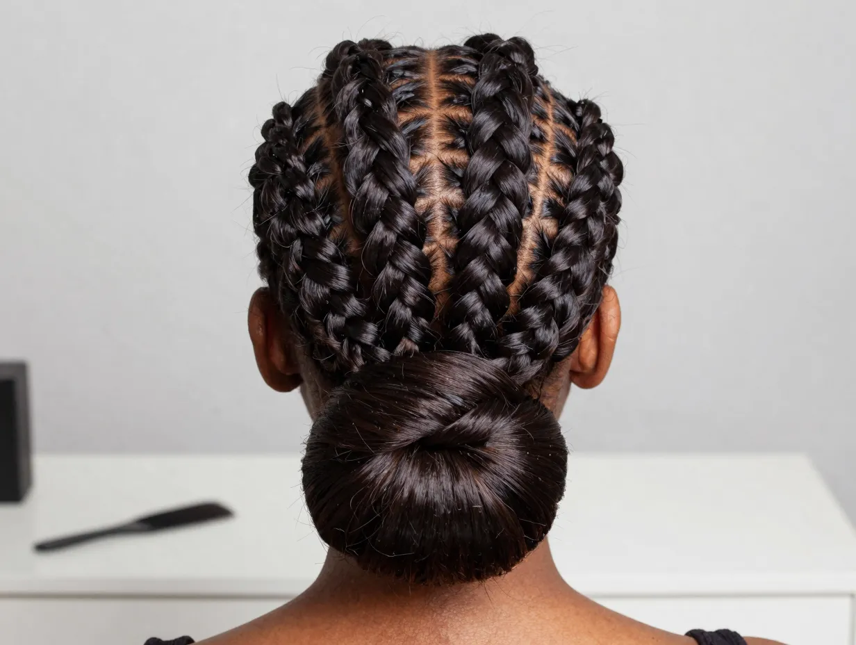 Low slick bun with decorative quarter inch baby braid twists