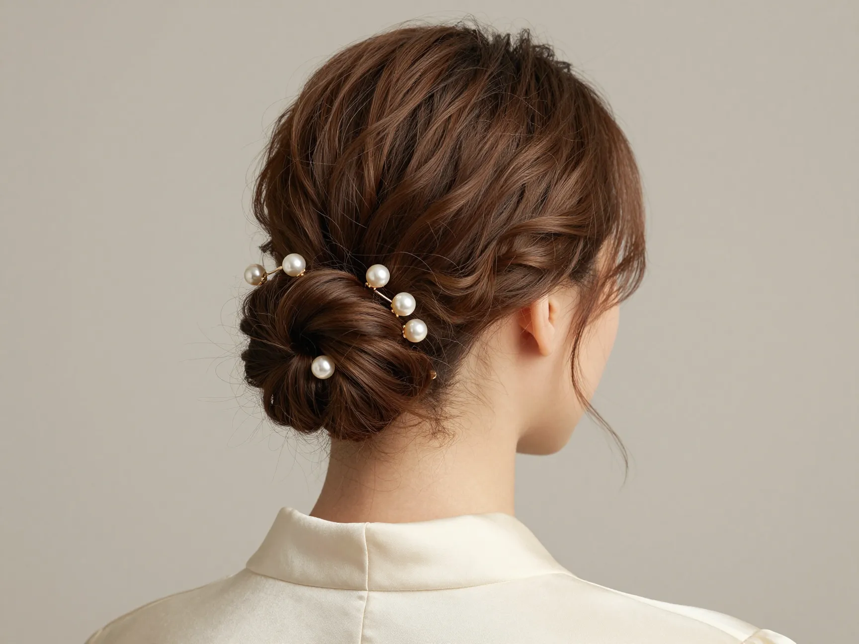 Modern low chignon updo with pearl pins on formal gown