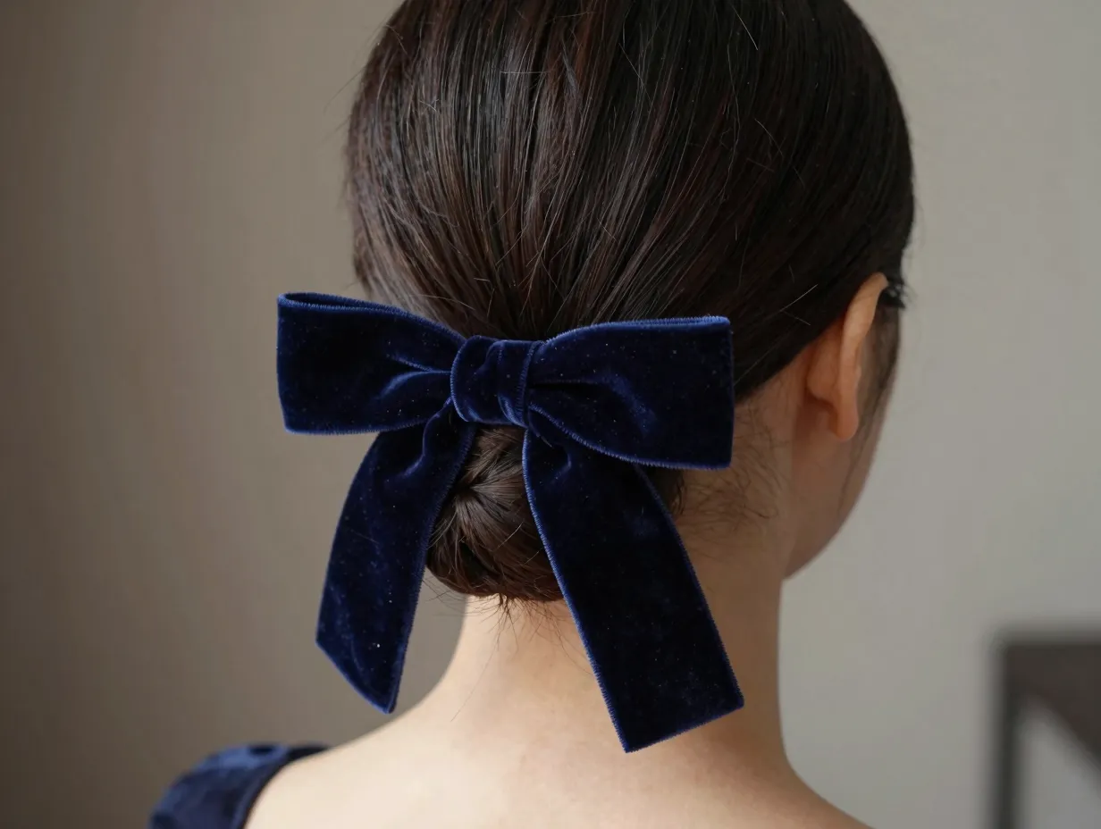 Sleek low bun with rich velvet ribbon bow at nape