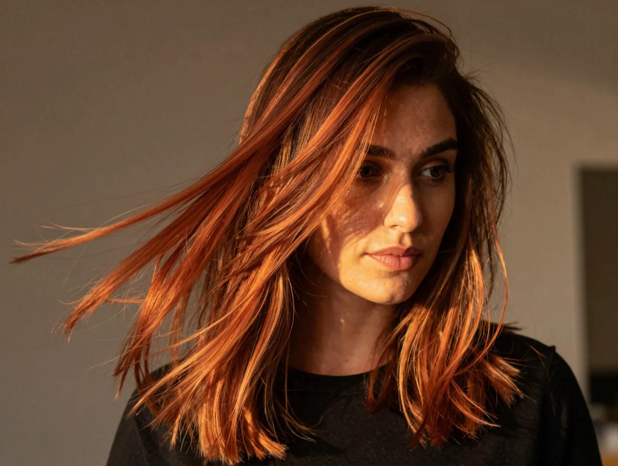Autumn blaze brunette with bold ginger balayage highlights