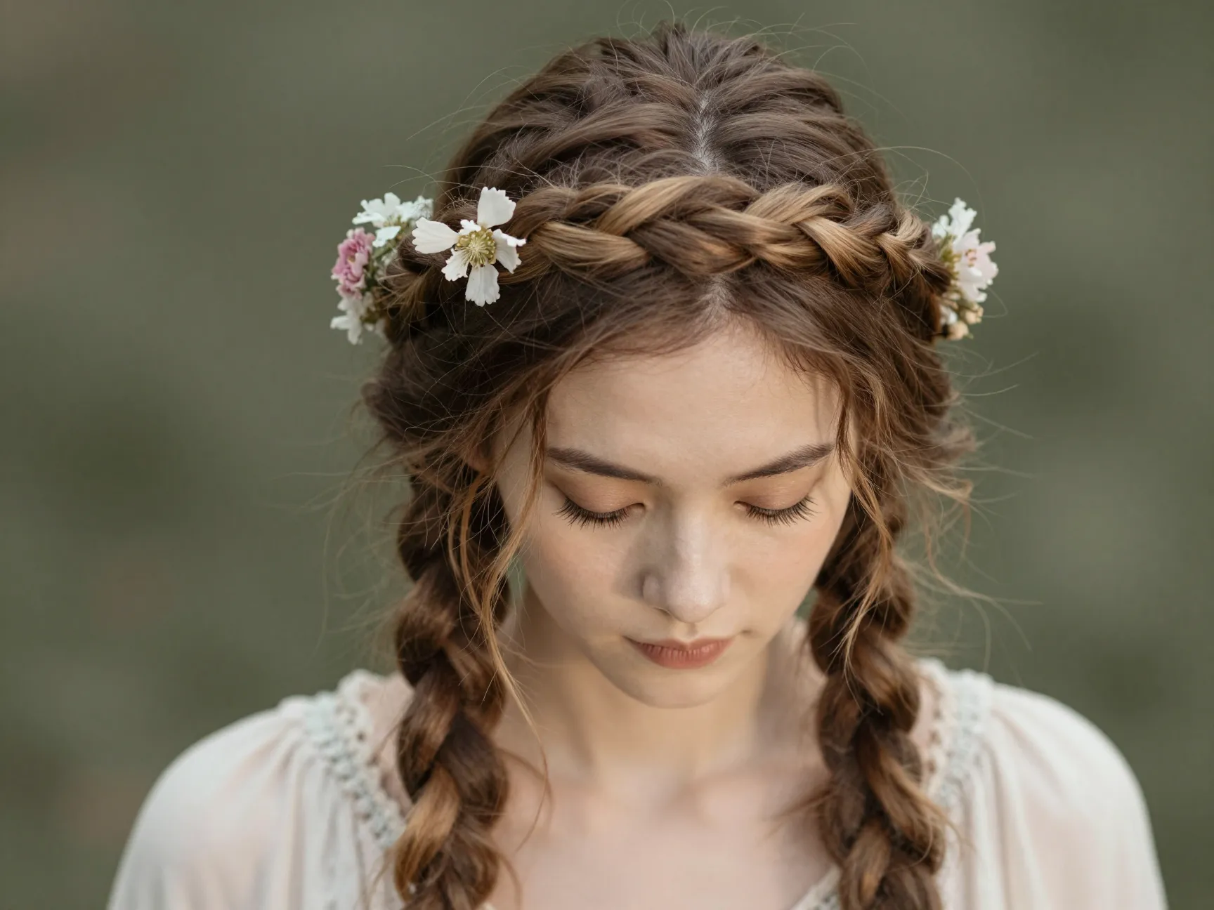 Braided crown hairstyle with a single small floral bloom