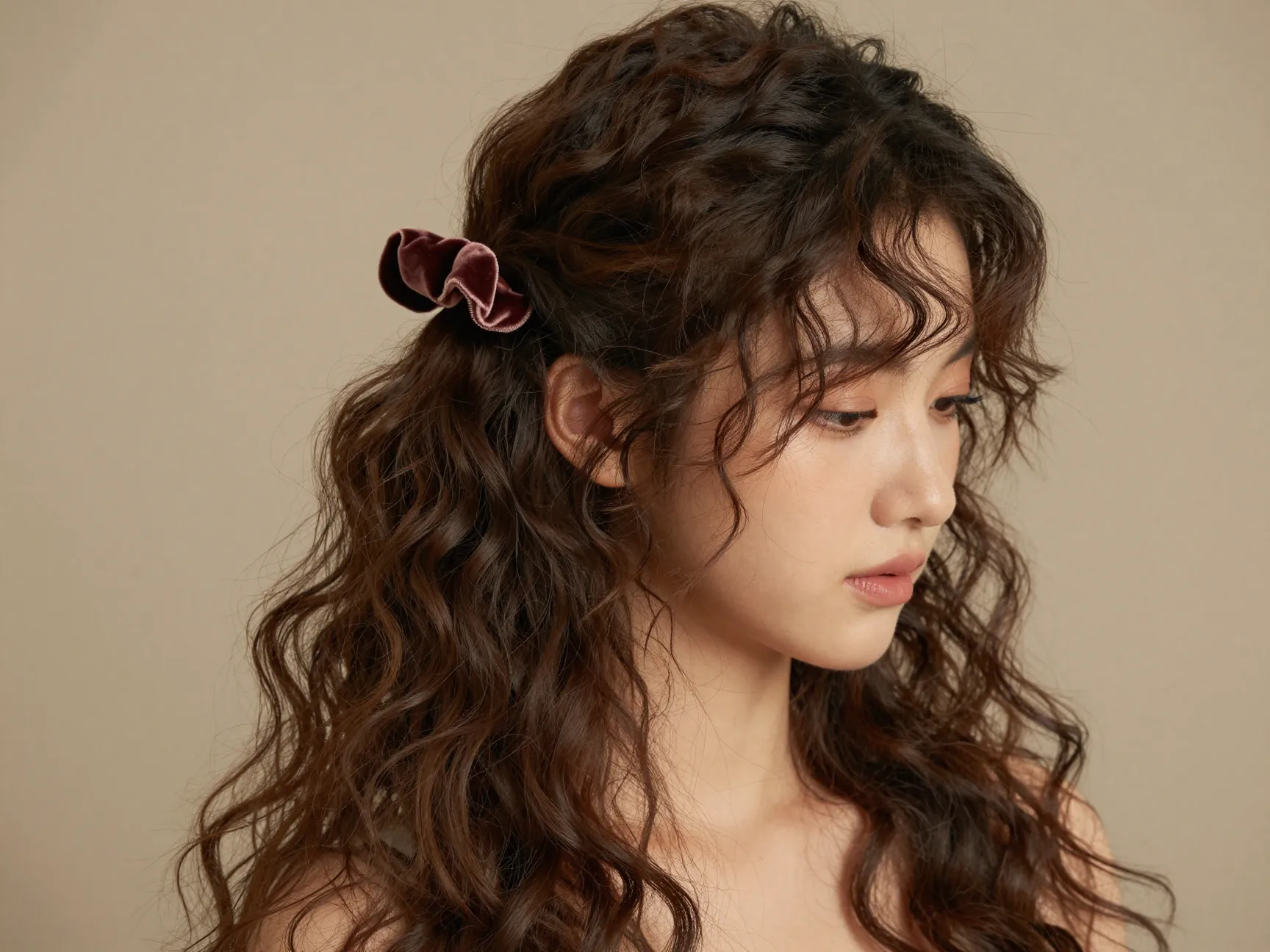 Half up ponytail with wavy hair and velvet scrunchie