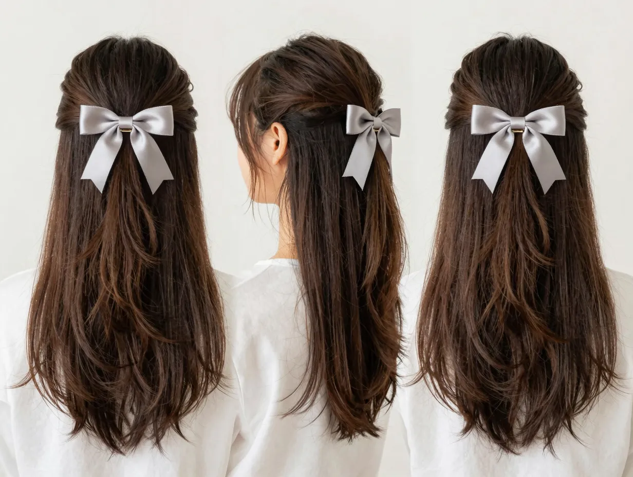 Low loose pigtails with matching mini satin bow clips