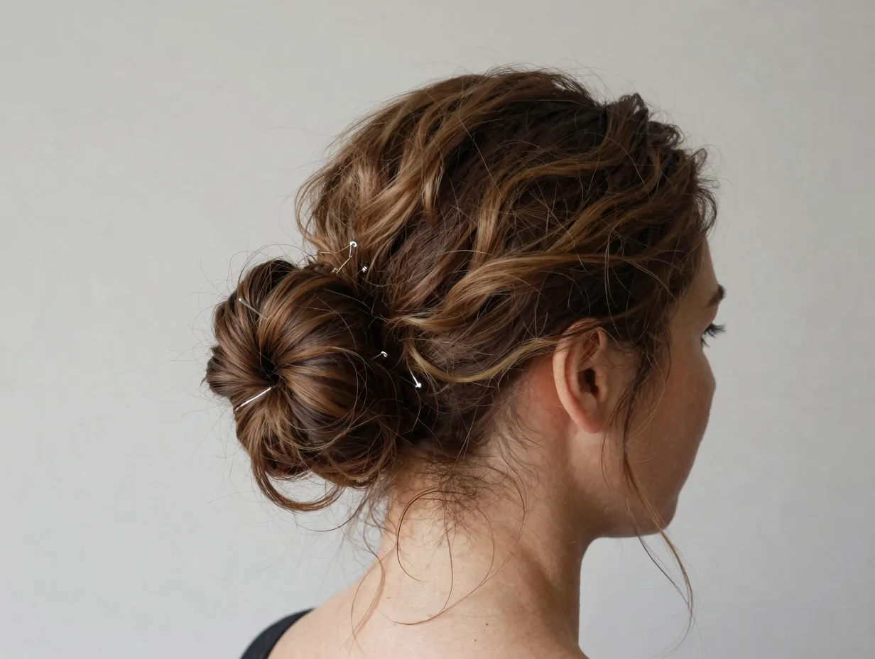 Soft messy chignon updo with face framing pieces on woman