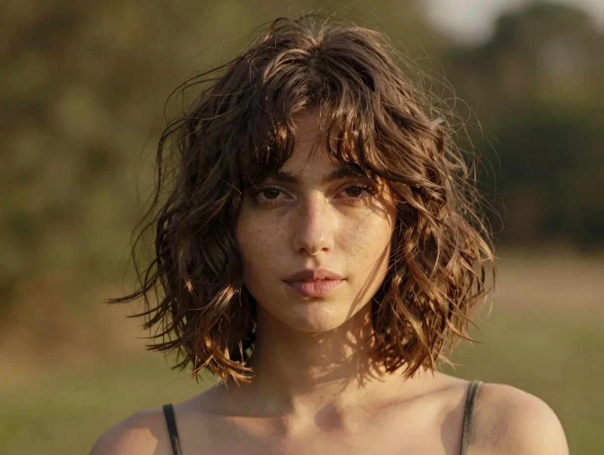 Wavy short hair butterfly cut with boho chic curtain bangs