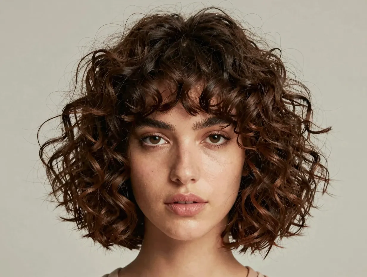 Curly butterfly bob with defined playful fringe above brow