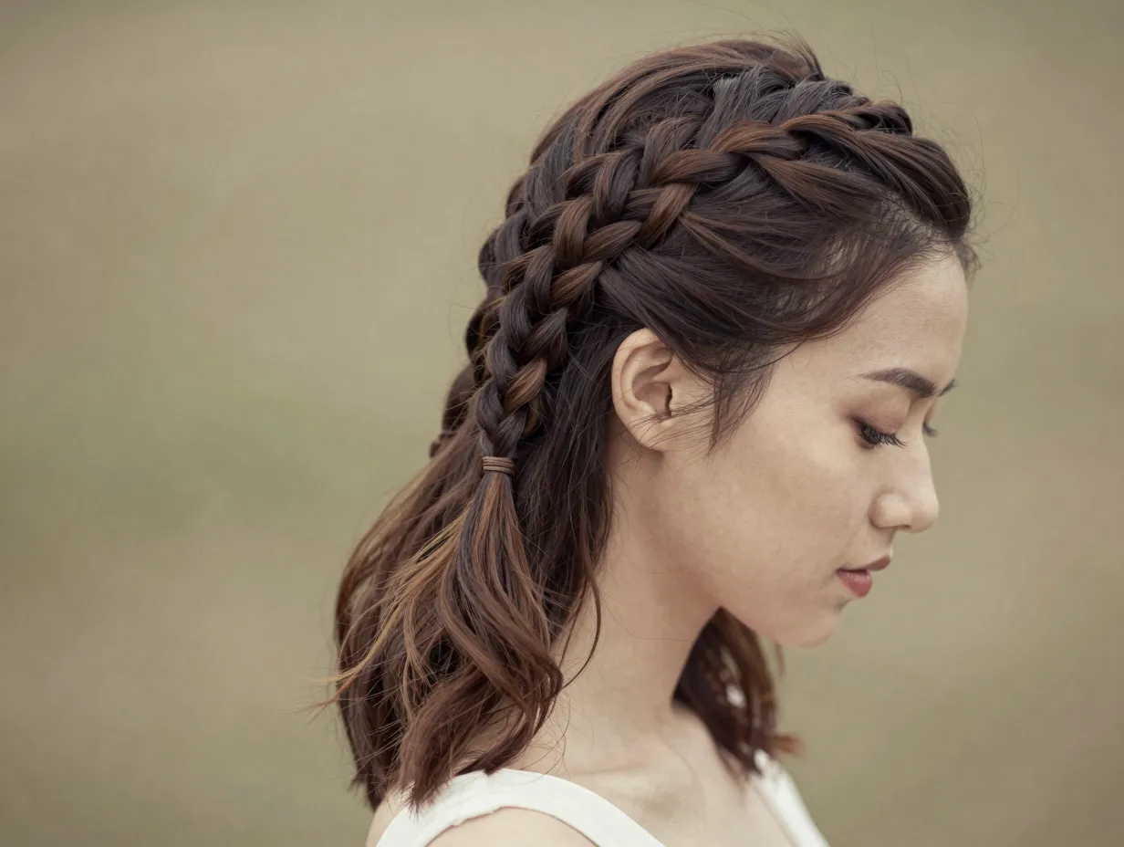 Defined side swept french braid on woman in romantic setting