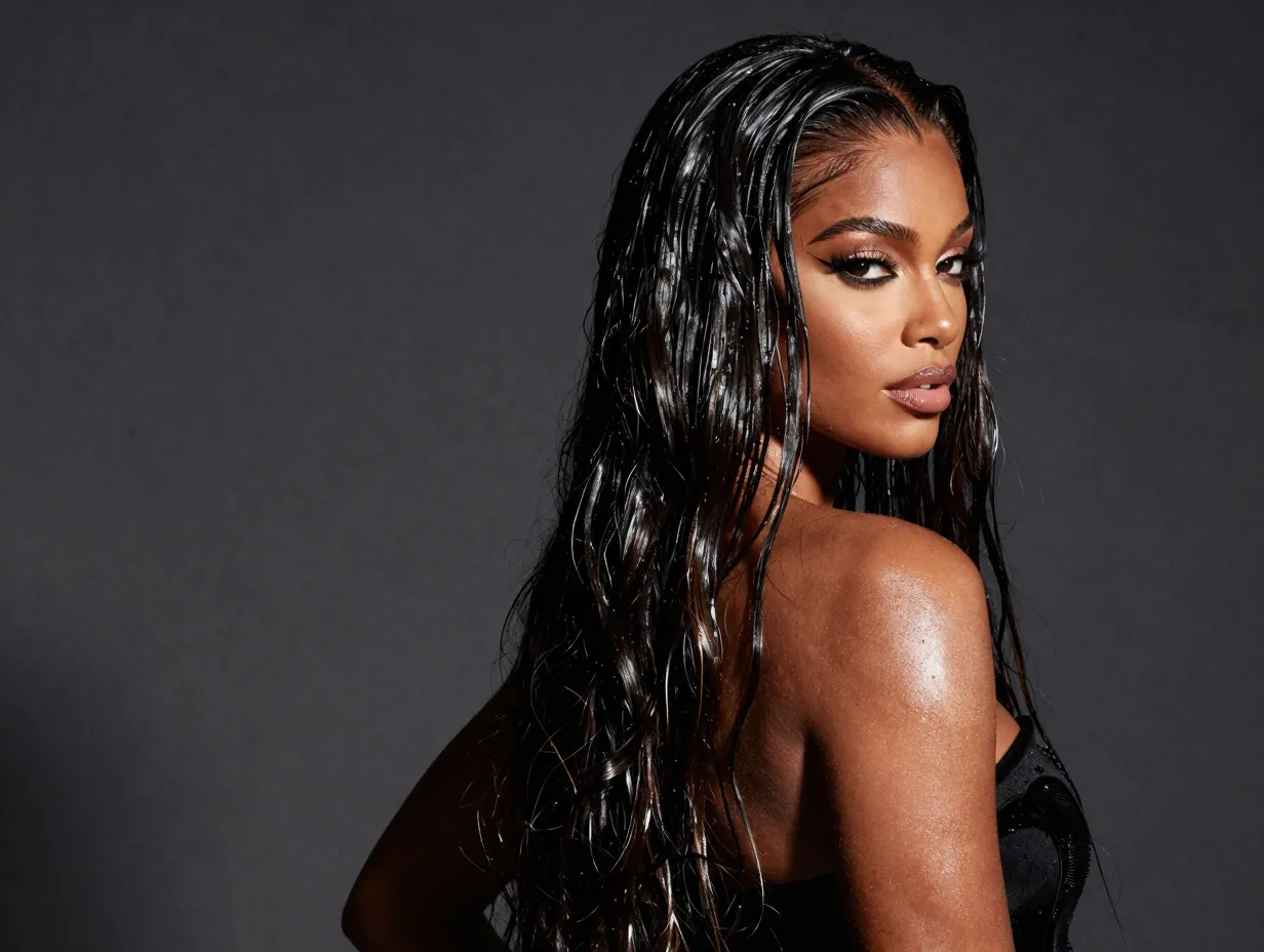 Glamorous wet look slicked style for long natural hair