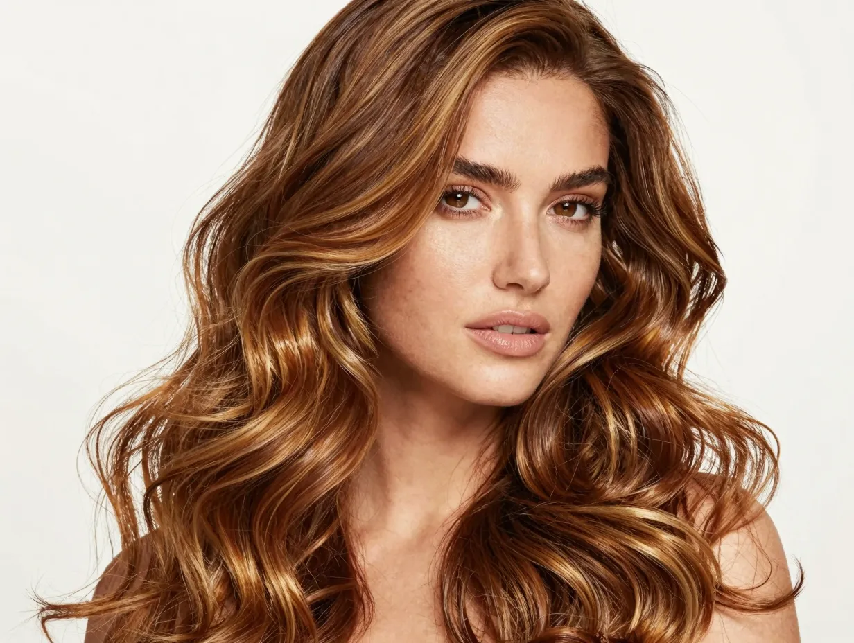 Caramel golden brown hair color melt on woman with neutral skin