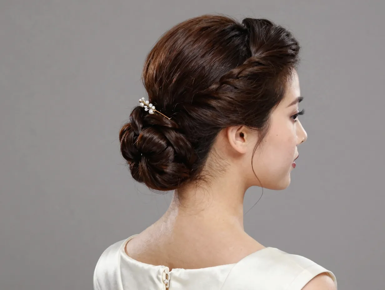 French twist updo with decorative clip on ballgown