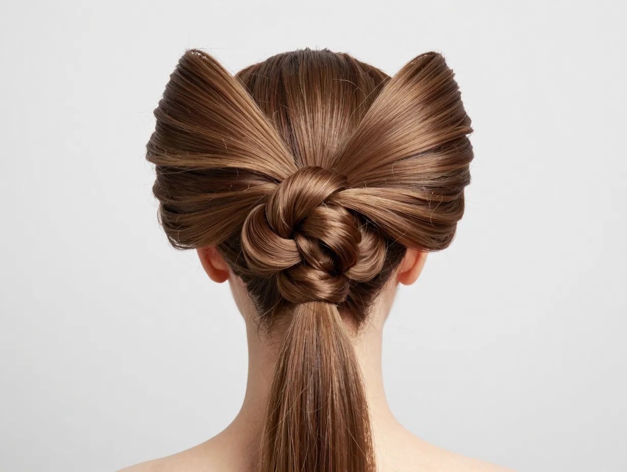 Sculptural hair bow bun updo made from own hair