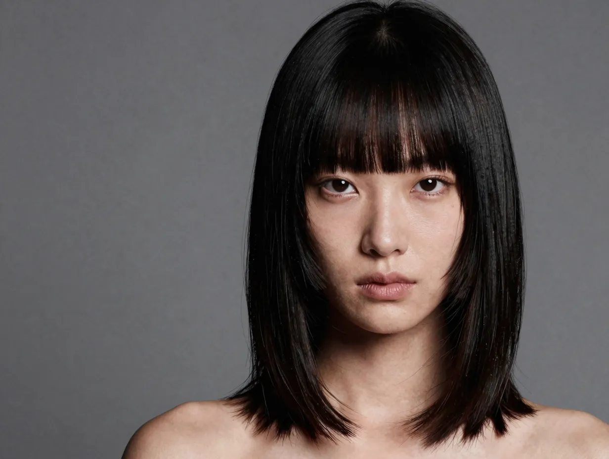 Sleek collarbone length butterfly lob with high fashion blunt bangs