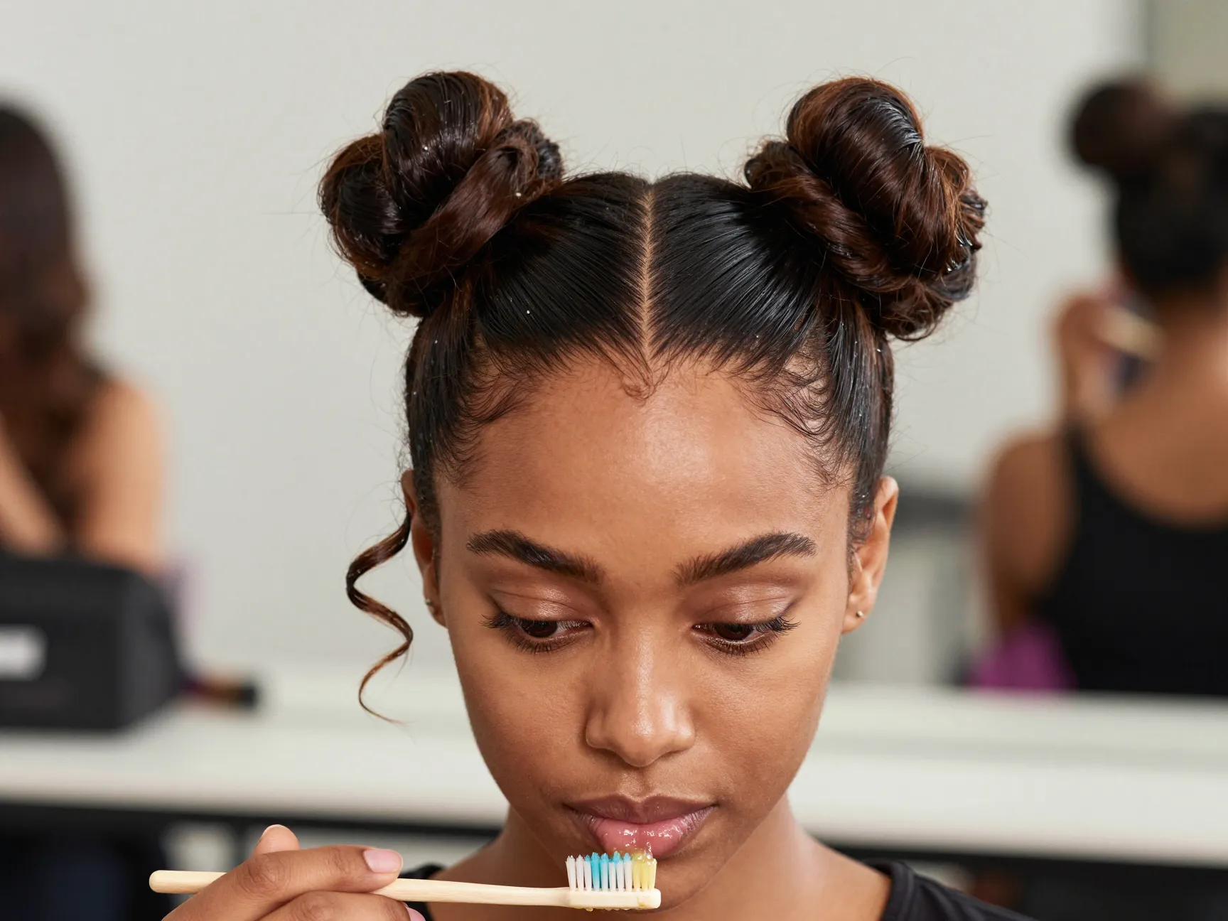 Slicked back space buns with center part on medium hair