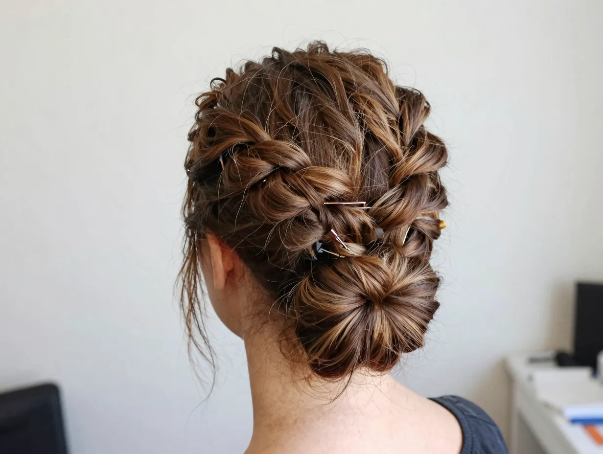Twisted half up updo on woman with textured second day hair