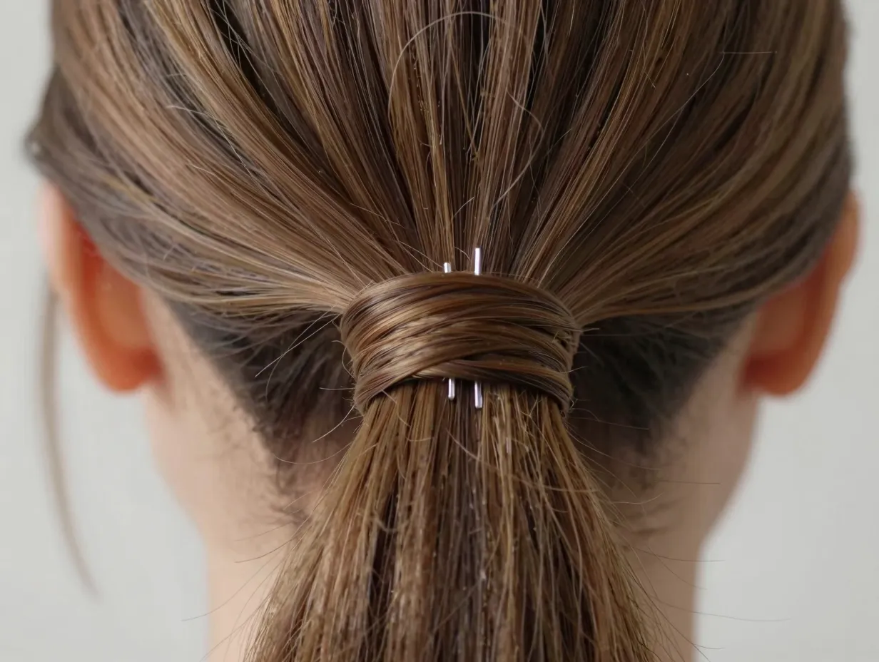 Wrapped ponytail hair section concealing elastic band