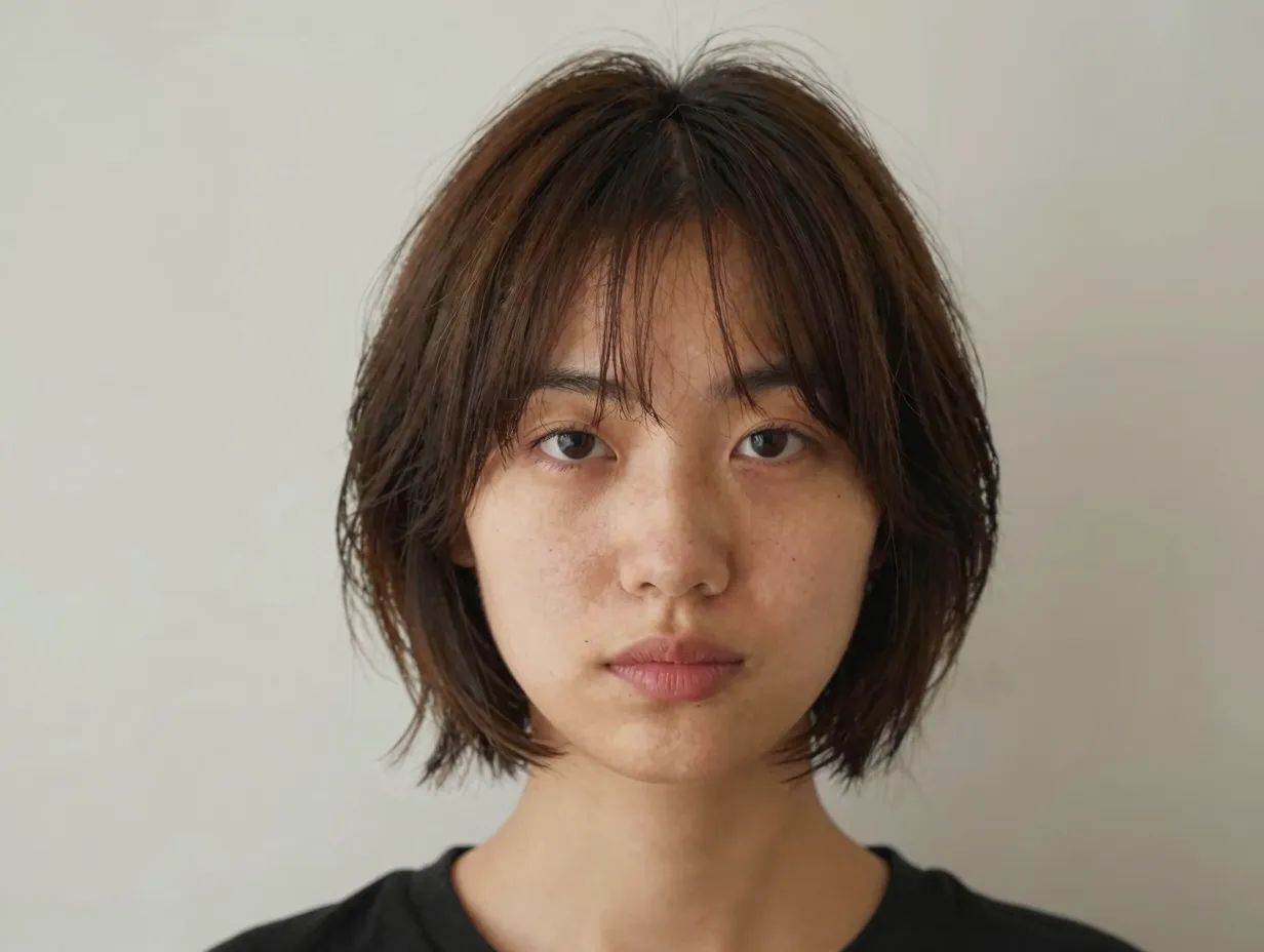 Air dried short butterfly cut with undone middle parted curtain bangs