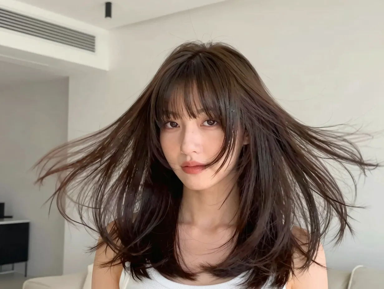 Blowout with curtain bangs on woman in modern interior