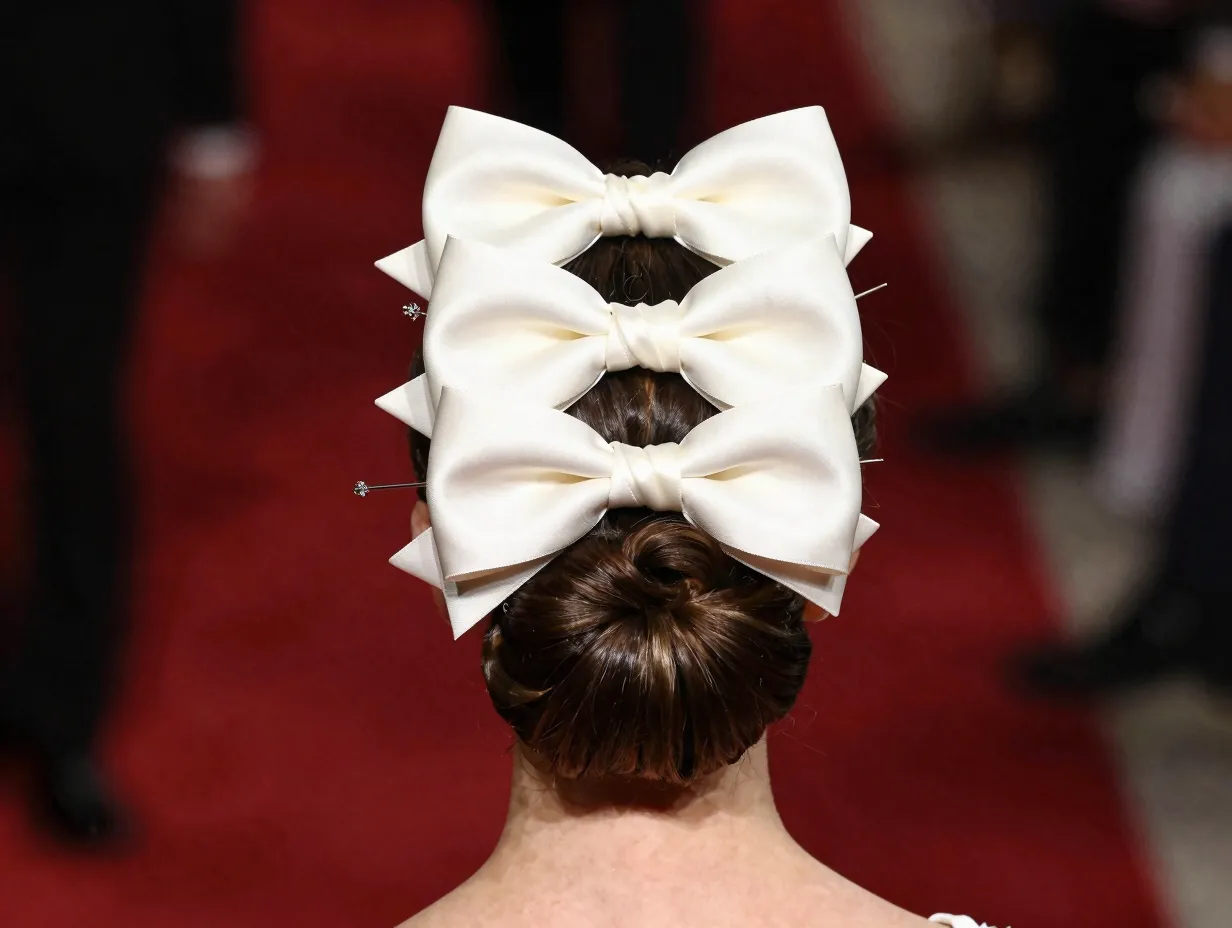 Formal updo crown adorned with multiple large satin bows